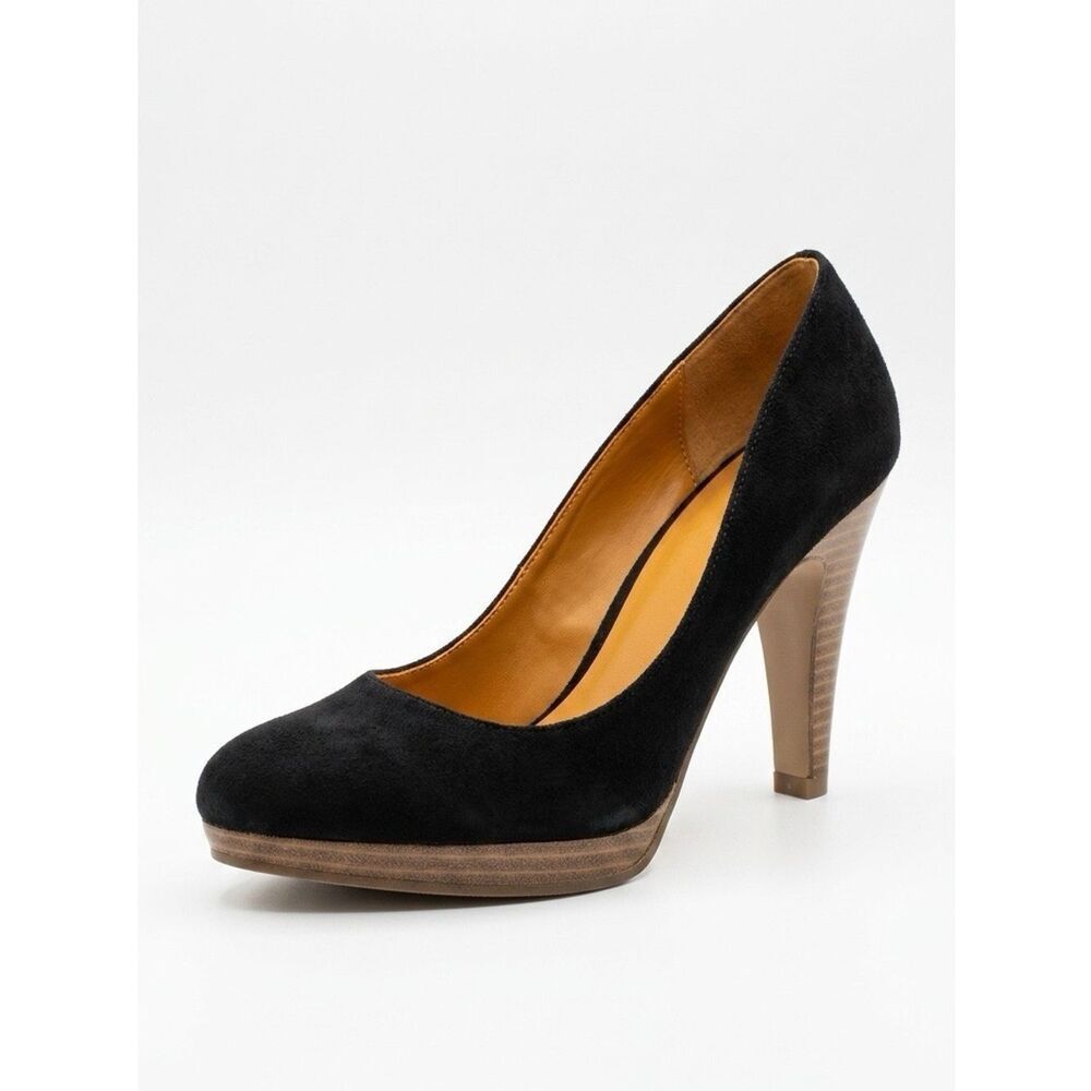 BLACK SUEDE FIONI PUMP SIZE 6.5 w 4” STACKED HEEL